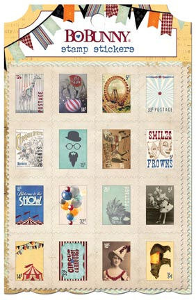 Bo Bunny Faux Postage Stamp Stickers - Carnival Theme 2 Sheets